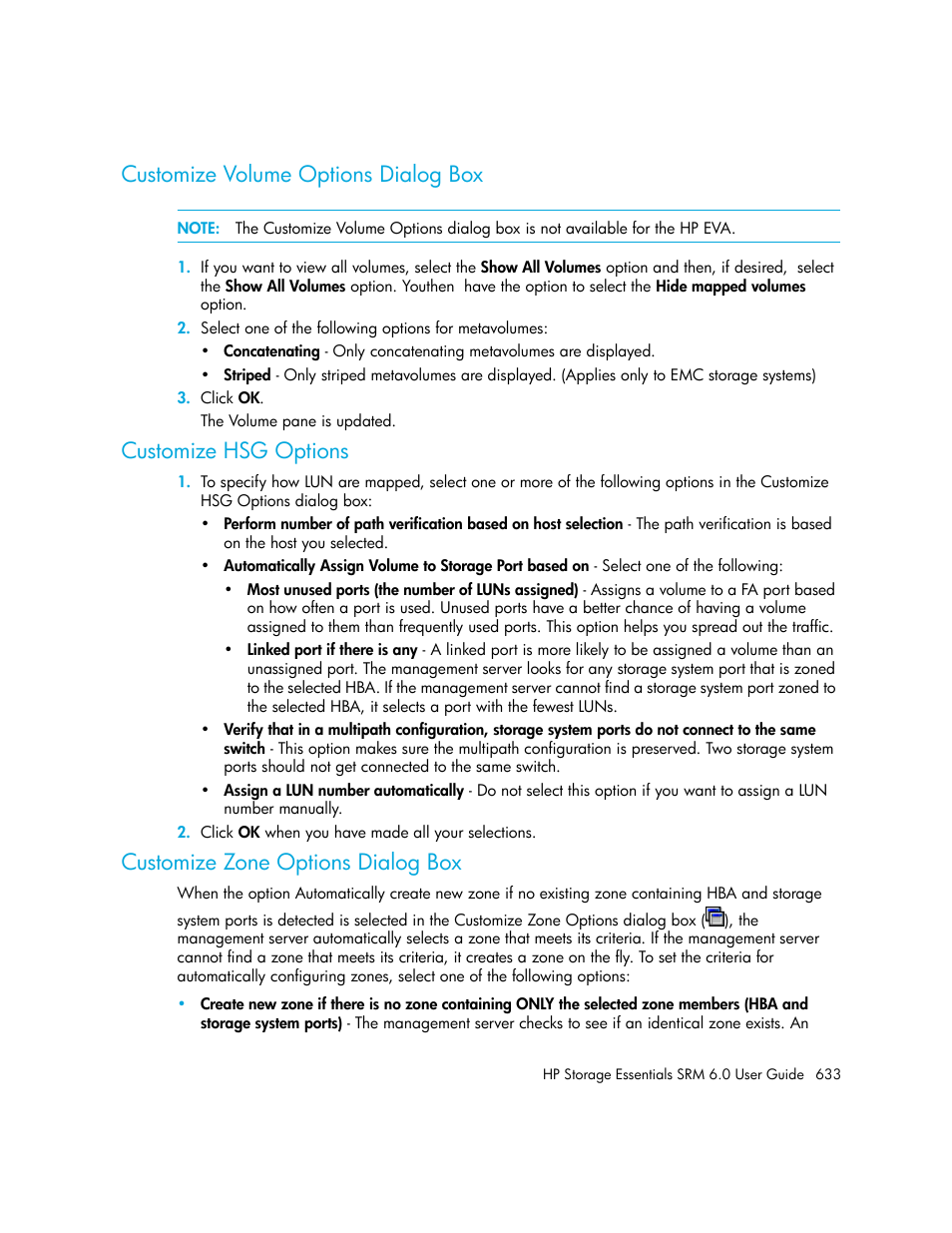 Customize volume options dialog box, Customize hsg options, Customize zone options dialog box | HP Storage Essentials Enterprise Edition Software User Manual | Page 671 / 798