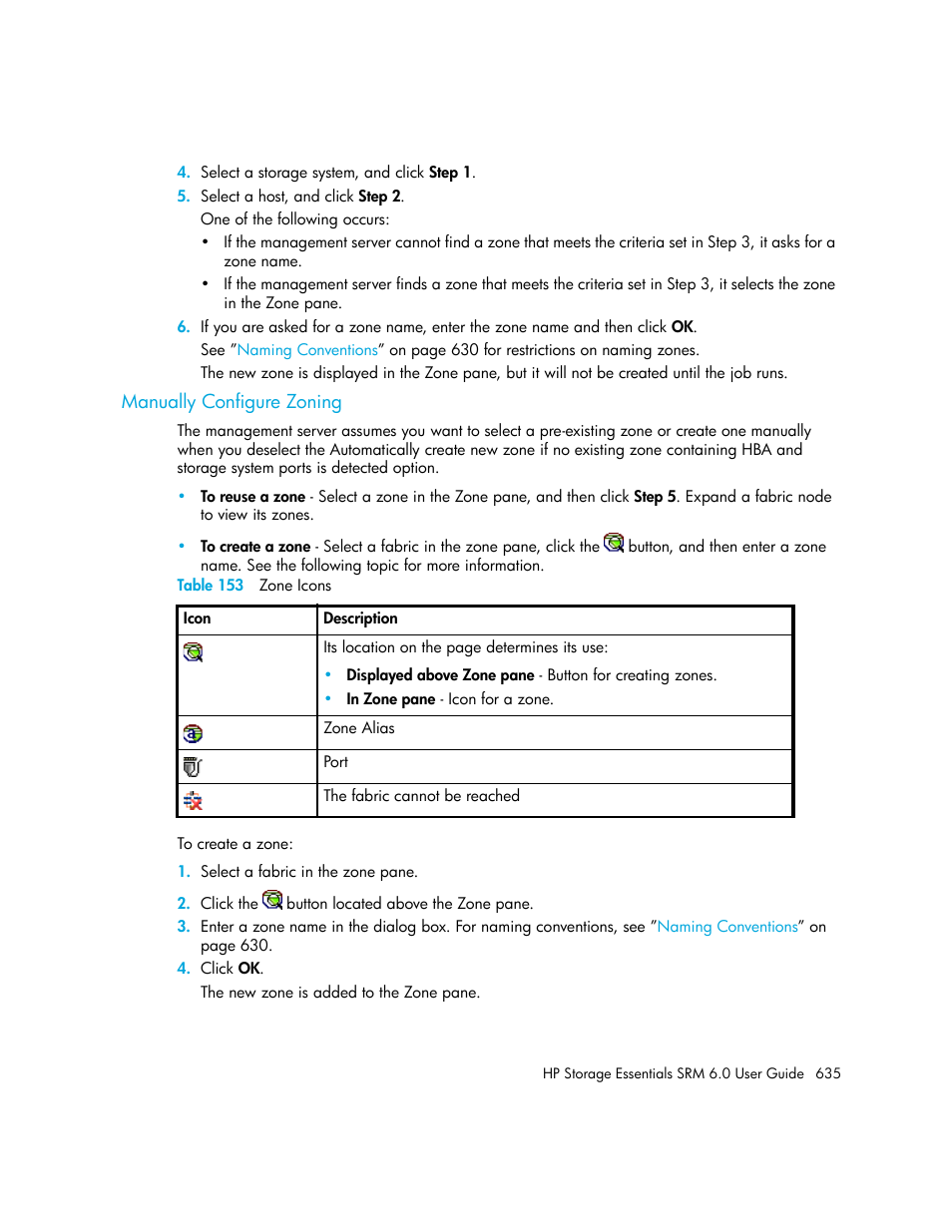 Manually configure zoning, 153 zone icons | HP Storage Essentials Enterprise Edition Software User Manual | Page 673 / 798