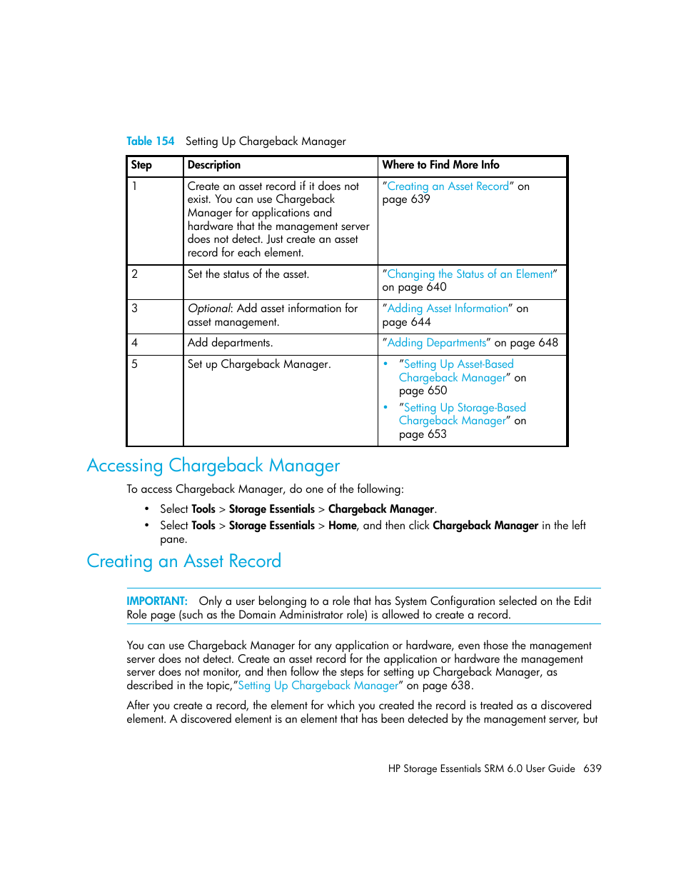 Accessing chargeback manager, Creating an asset record, 154 setting up chargeback manager | HP Storage Essentials Enterprise Edition Software User Manual | Page 677 / 798