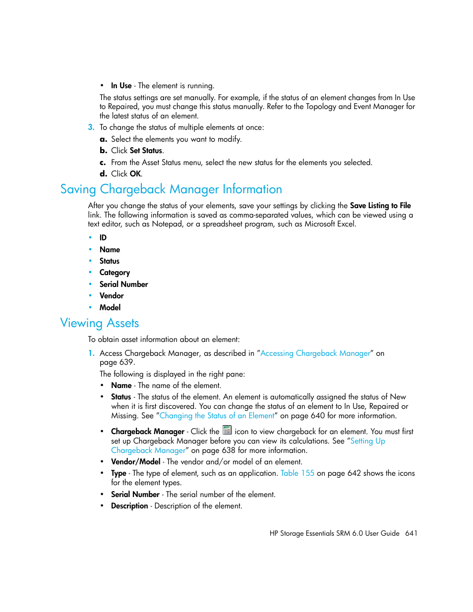 Saving chargeback manager information, Viewing assets | HP Storage Essentials Enterprise Edition Software User Manual | Page 679 / 798