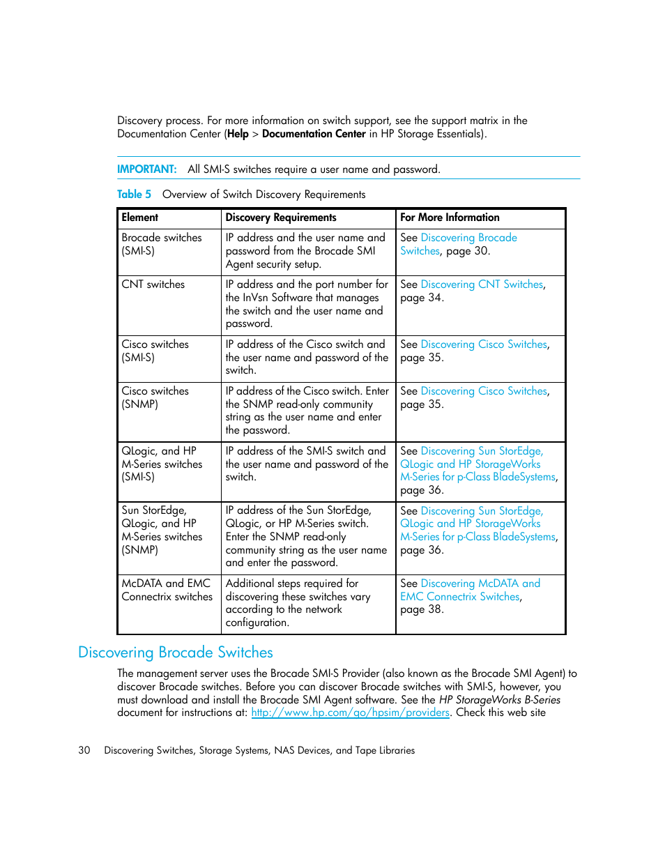 Discovering brocade switches, 5 overview of switch discovery requirements, Discovering | Brocade switches, Discovering brocade, Switches | HP Storage Essentials Enterprise Edition Software User Manual | Page 68 / 798