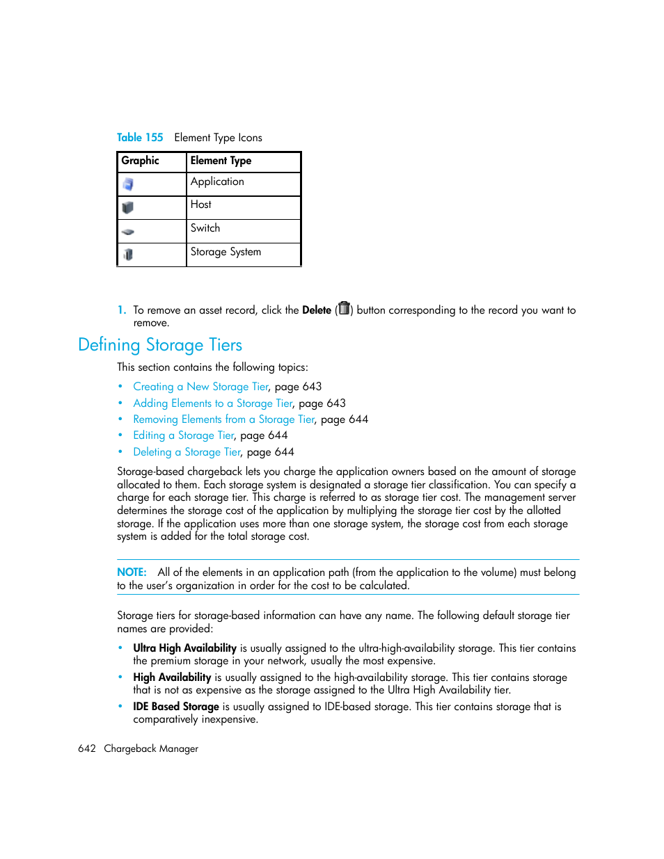 Defining storage tiers, 155 element type icons, Table 155 | HP Storage Essentials Enterprise Edition Software User Manual | Page 680 / 798