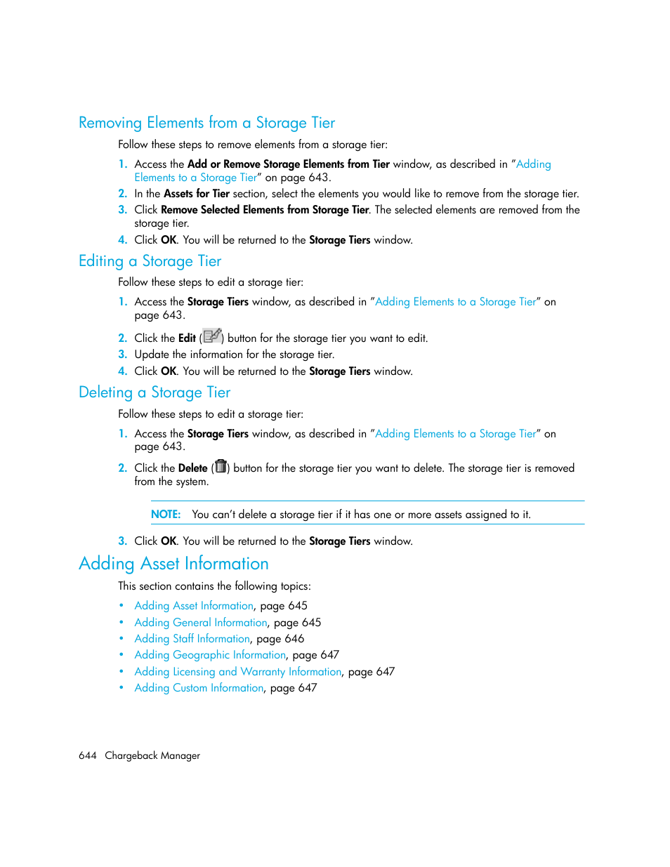 Removing elements from a storage tier, Editing a storage tier, Deleting a storage tier | Adding asset information | HP Storage Essentials Enterprise Edition Software User Manual | Page 682 / 798