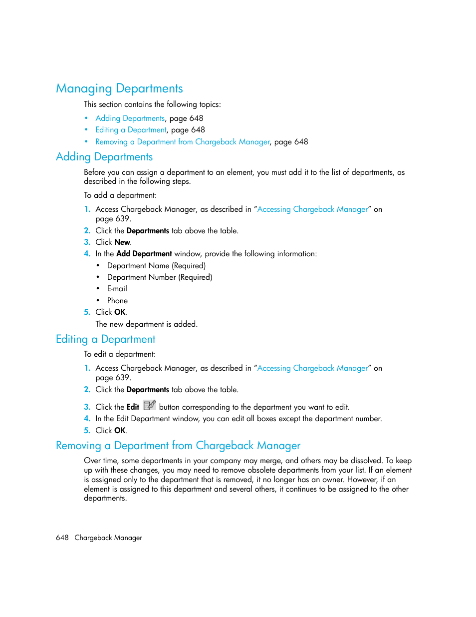 Managing departments, Adding departments, Editing a department | Removing a department from chargeback manager | HP Storage Essentials Enterprise Edition Software User Manual | Page 686 / 798