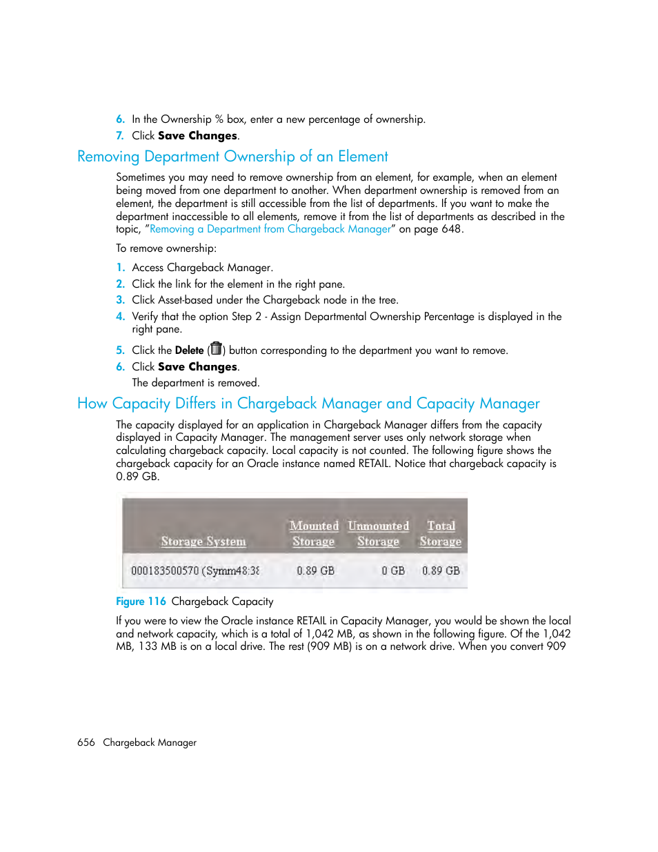 Removing department ownership of an element, 116 chargeback capacity, How capacity differs in | Chargeback manager and capacity manager | HP Storage Essentials Enterprise Edition Software User Manual | Page 694 / 798