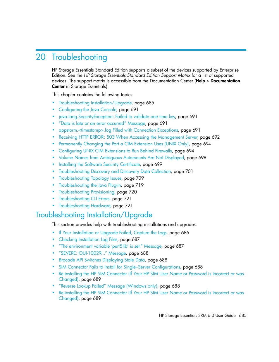 Troubleshooting, Troubleshooting installation/upgrade, 20troubleshooting | 20 troubleshooting | HP Storage Essentials Enterprise Edition Software User Manual | Page 723 / 798