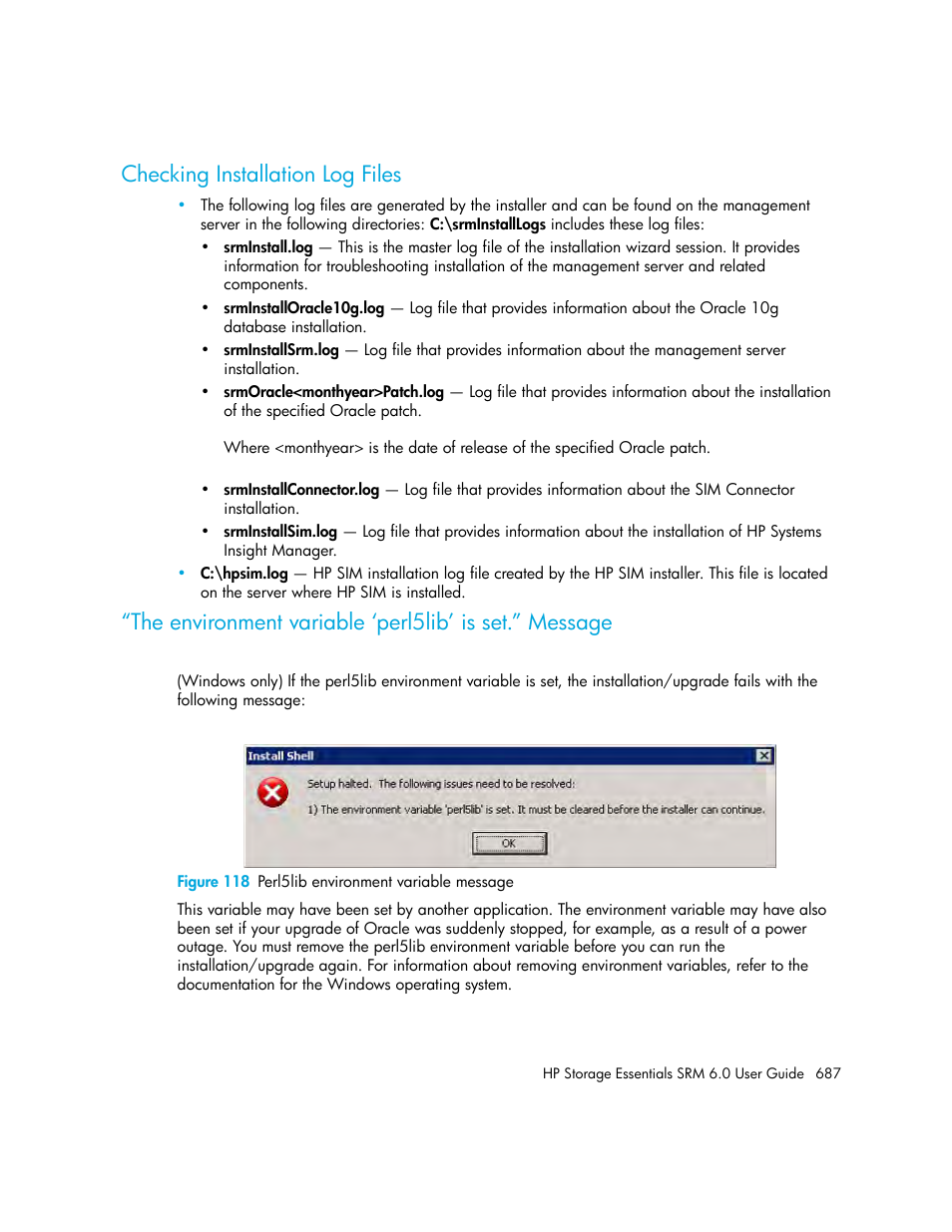 Checking installation log files, 118 perl5lib environment variable message | HP Storage Essentials Enterprise Edition Software User Manual | Page 725 / 798