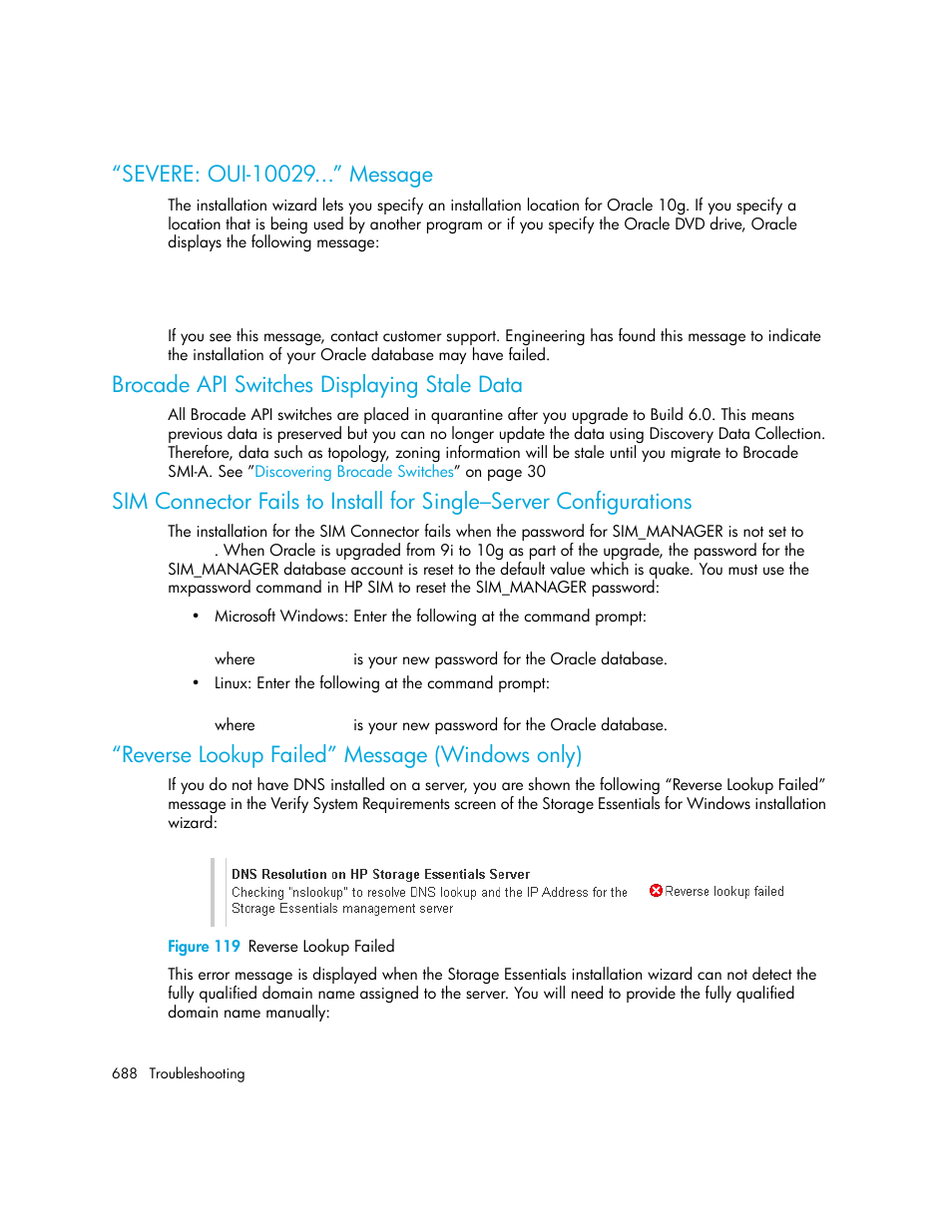 Severe: oui-10029...” message, Brocade api switches displaying stale data, Reverse lookup failed” message (windows only) | 119 reverse lookup failed | HP Storage Essentials Enterprise Edition Software User Manual | Page 726 / 798