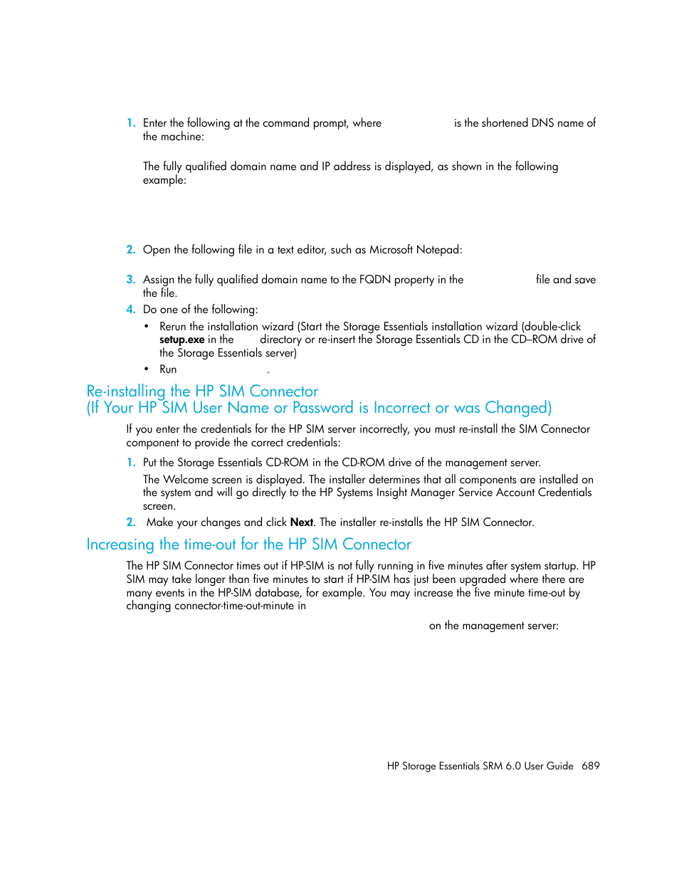 Increasing the time-out for the hp sim connector, Re-installing the hp sim connector, Changed) | HP Storage Essentials Enterprise Edition Software User Manual | Page 727 / 798