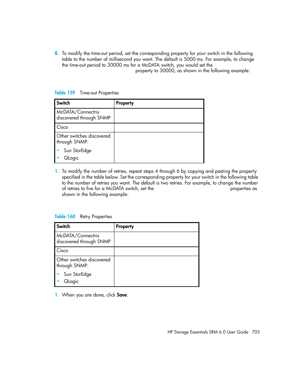 159 time-out properties, 160 retry properties | HP Storage Essentials Enterprise Edition Software User Manual | Page 743 / 798