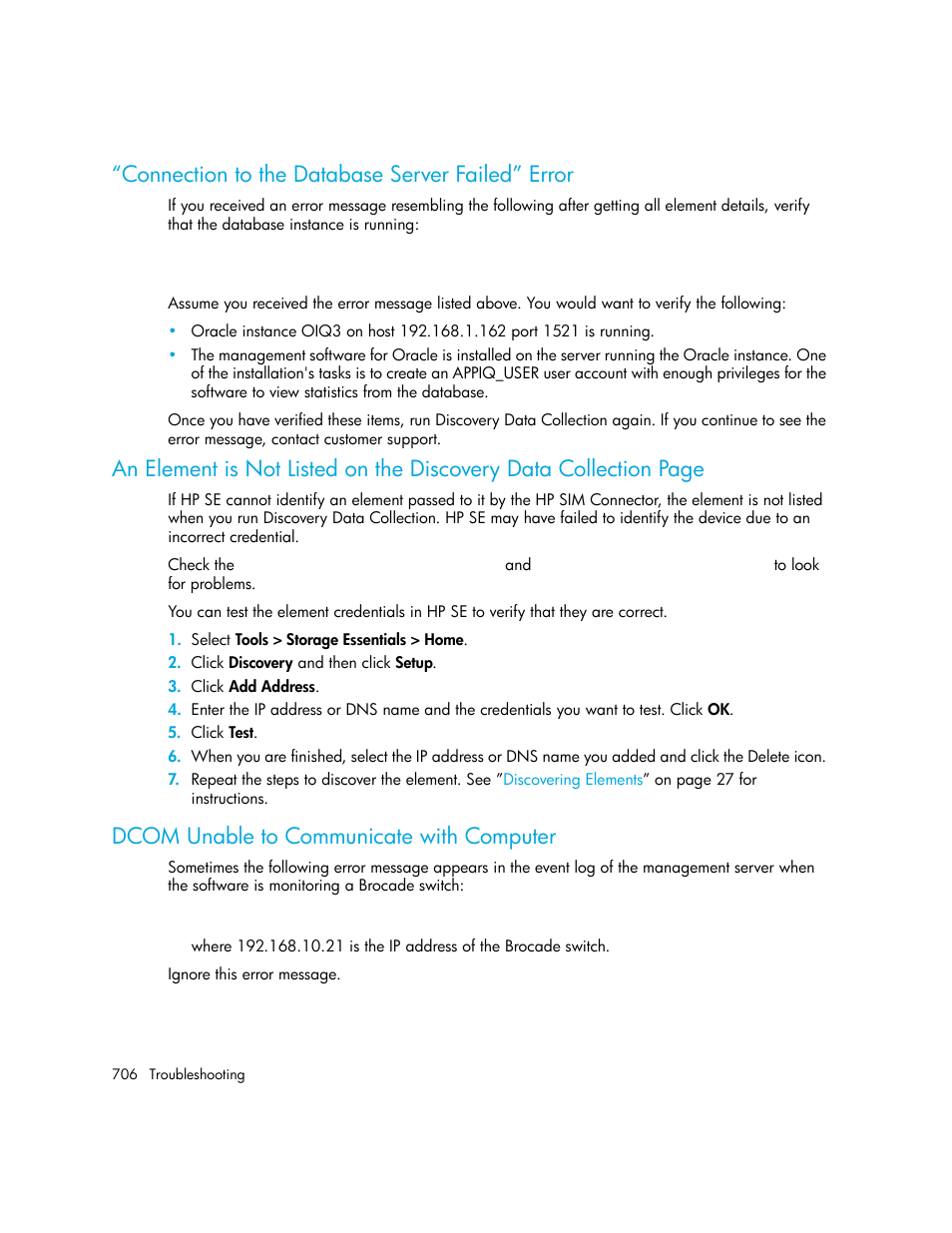 Connection to the database server failed” error, Dcom unable to communicate with computer | HP Storage Essentials Enterprise Edition Software User Manual | Page 744 / 798