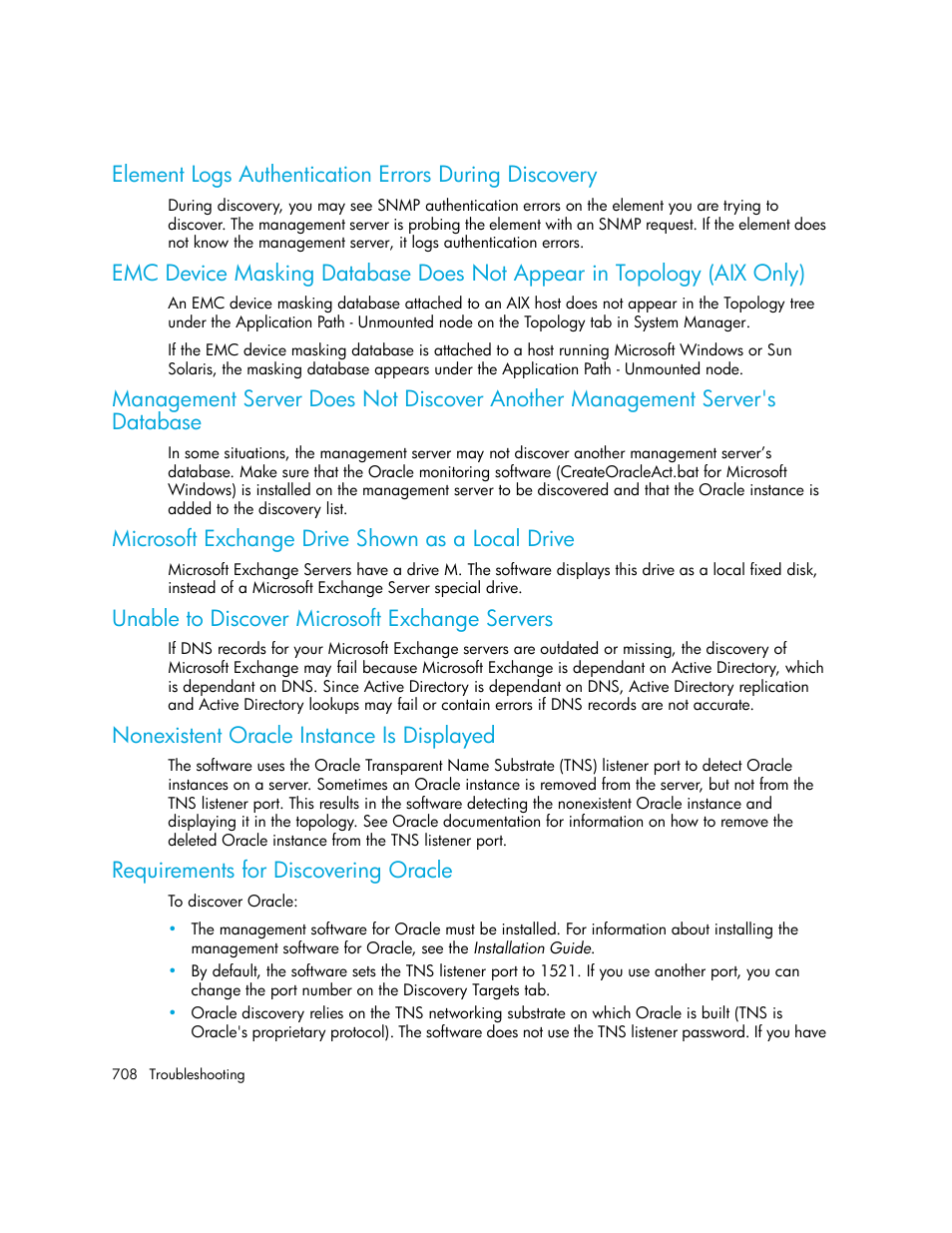 Microsoft exchange drive shown as a local drive, Unable to discover microsoft exchange servers, Nonexistent oracle instance is displayed | Requirements for discovering oracle | HP Storage Essentials Enterprise Edition Software User Manual | Page 746 / 798