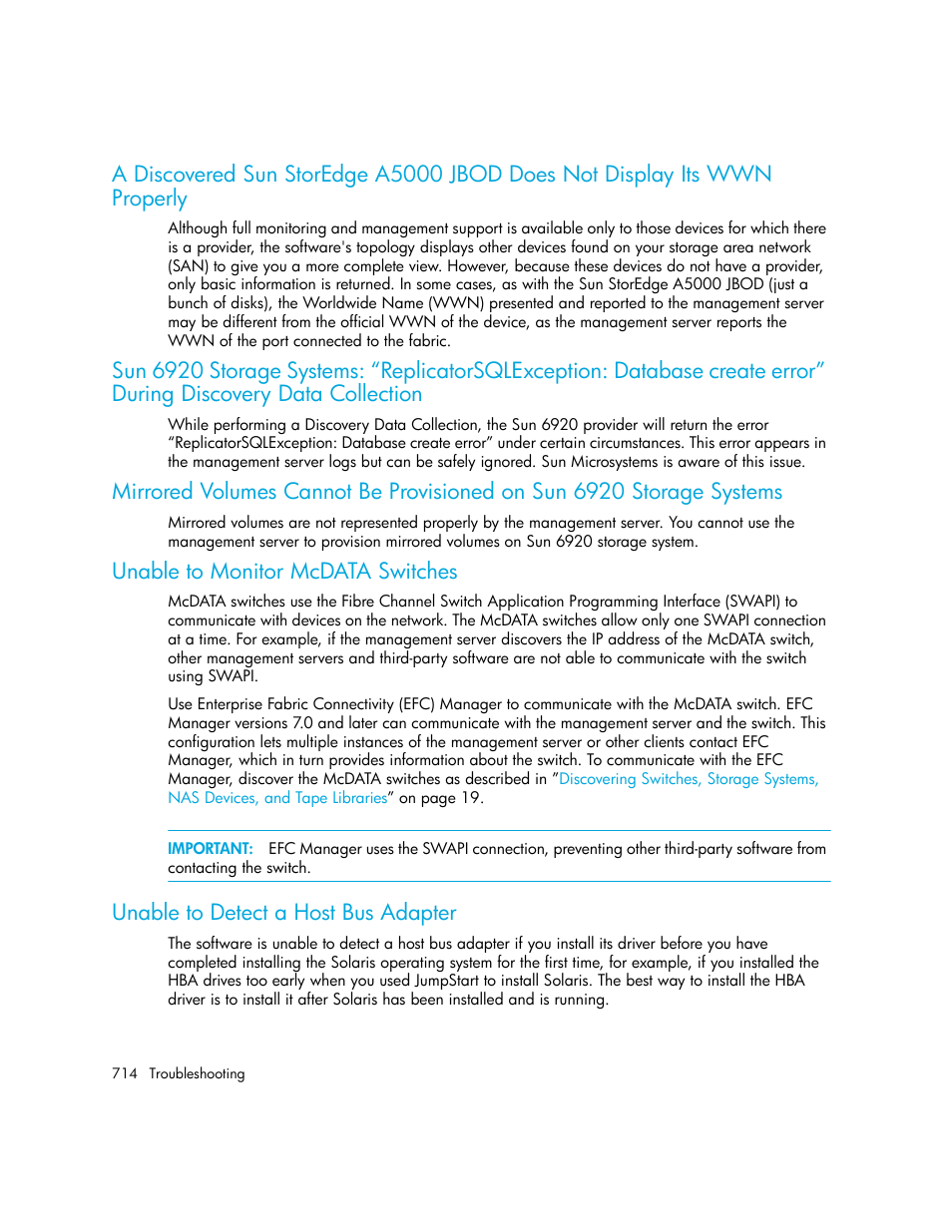 Unable to monitor mcdata switches, Unable to detect a host bus adapter, During discovery data collection | Data collection | HP Storage Essentials Enterprise Edition Software User Manual | Page 752 / 798