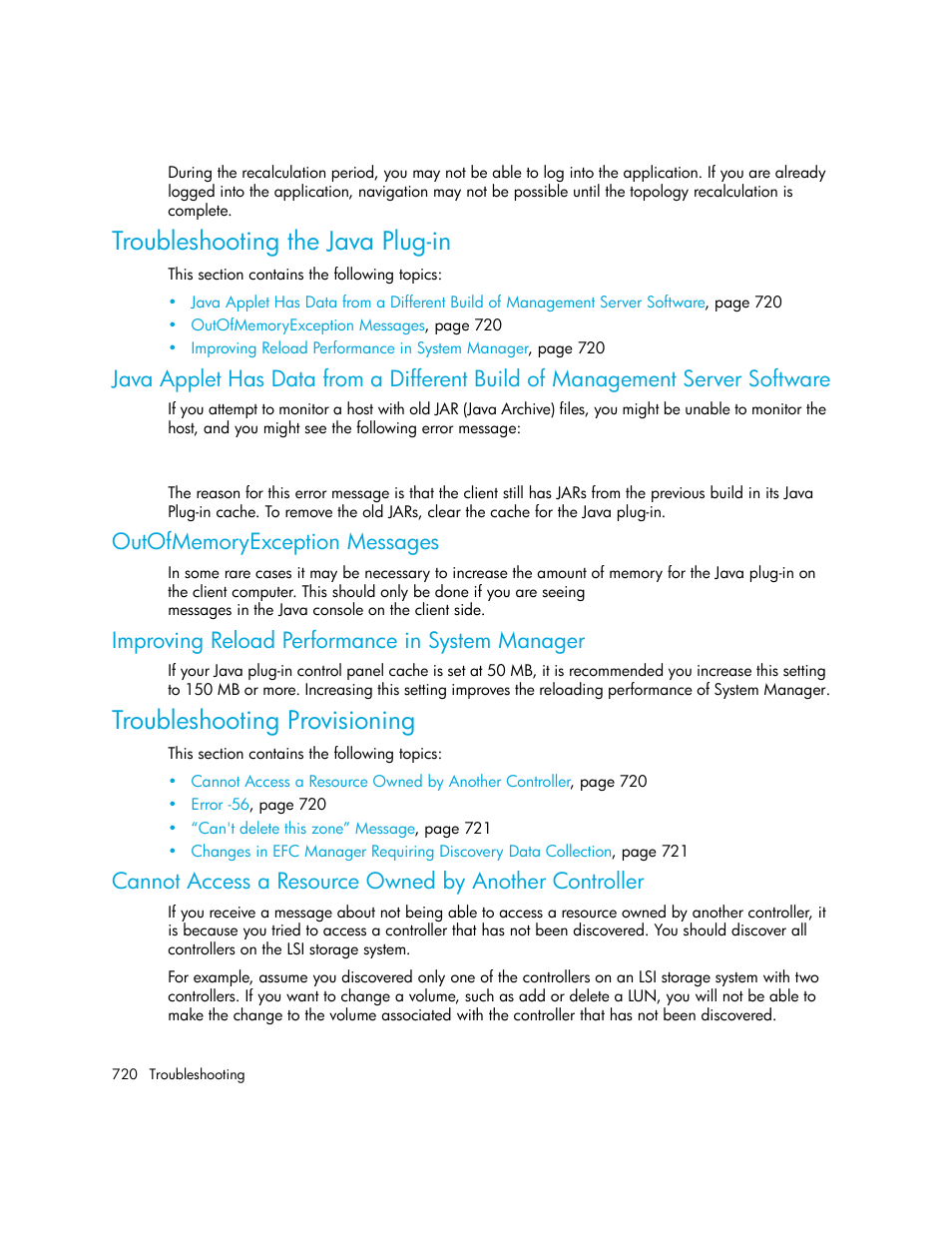 Troubleshooting the java plug-in, Outofmemoryexception messages, Improving reload performance in system manager | Troubleshooting provisioning | HP Storage Essentials Enterprise Edition Software User Manual | Page 758 / 798