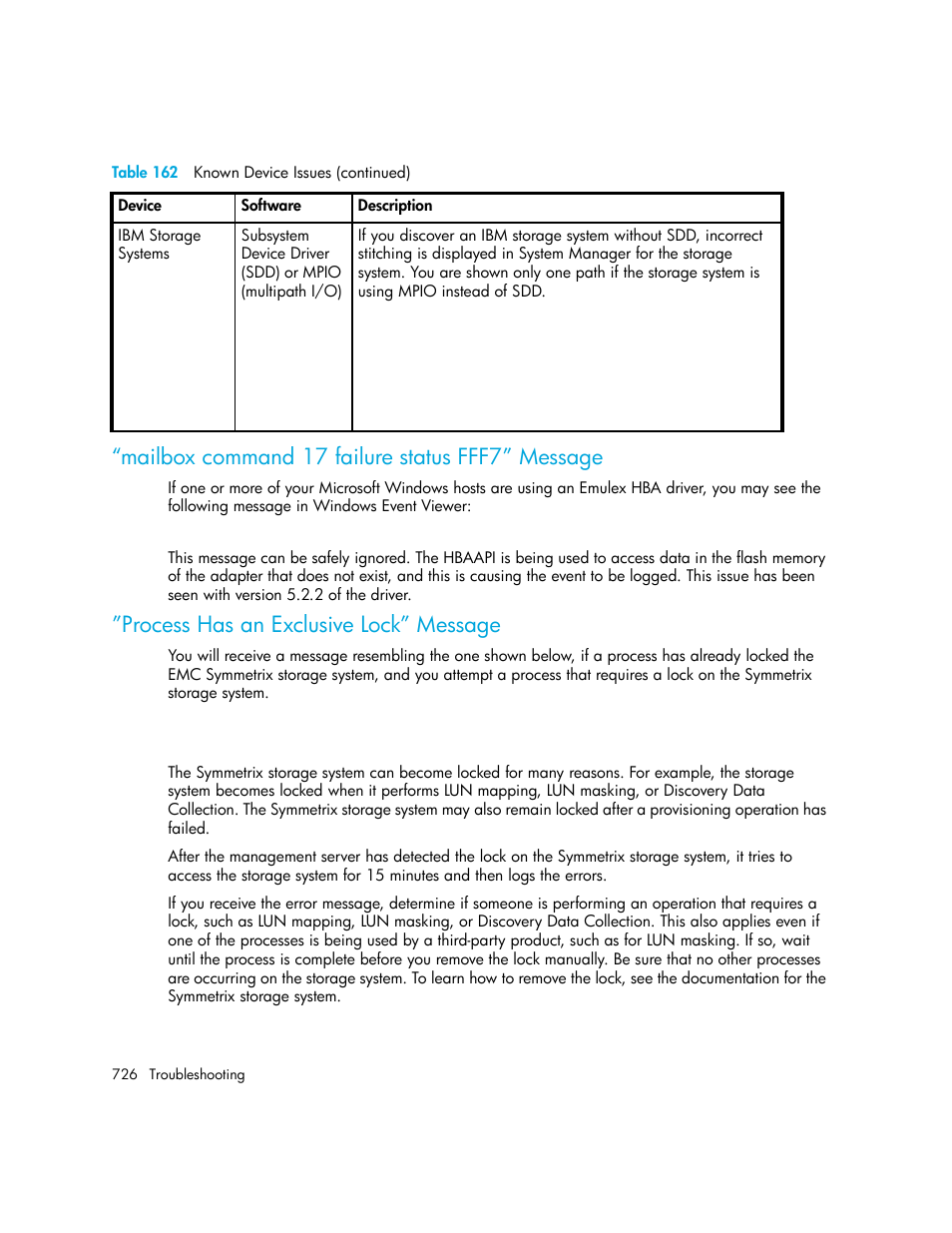 Mailbox command 17 failure status fff7” message, Process has an exclusive lock” message | HP Storage Essentials Enterprise Edition Software User Manual | Page 764 / 798