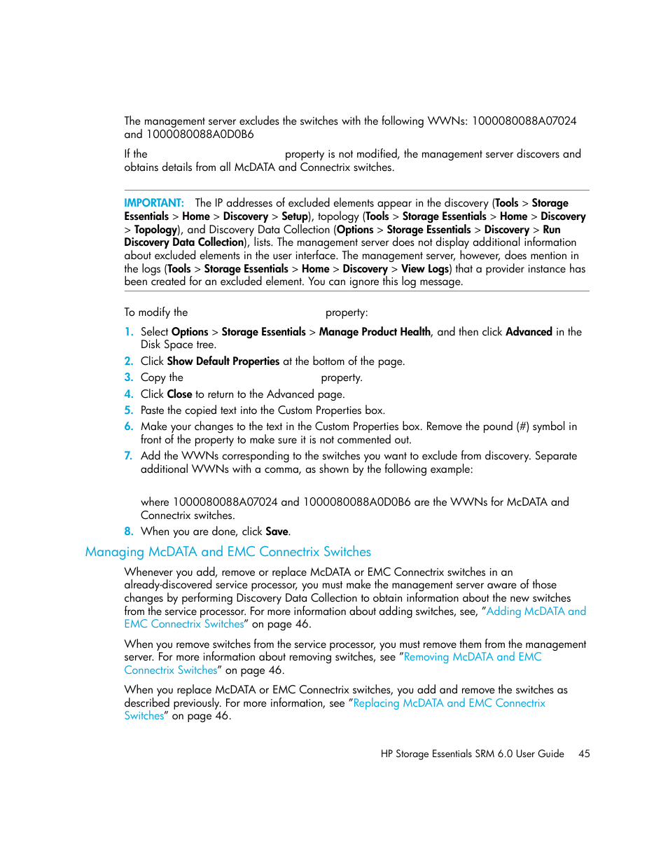 Managing mcdata and emc connectrix switches, Managing mcdata, And emc connectrix switches | HP Storage Essentials Enterprise Edition Software User Manual | Page 83 / 798