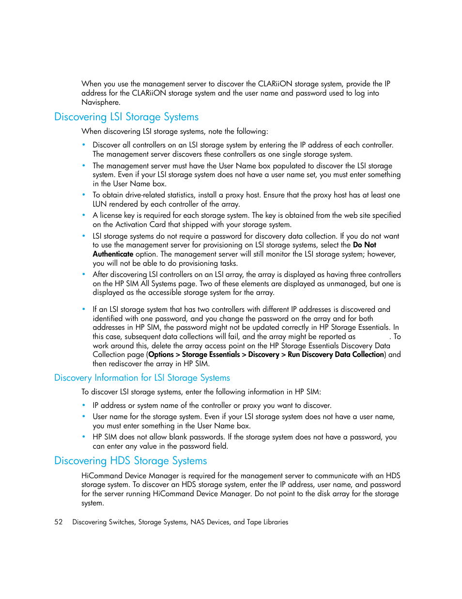 Discovering lsi storage systems, Discovery information for lsi storage systems, Discovering hds storage systems | Discovering lsi storage, Systems, Discovering hds storage | HP Storage Essentials Enterprise Edition Software User Manual | Page 90 / 798