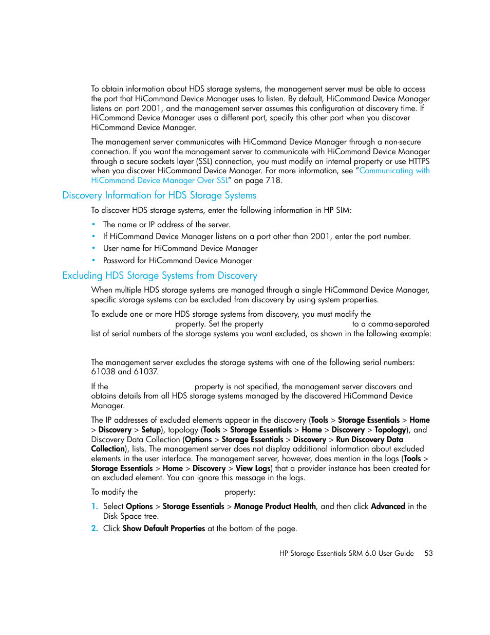 Discovery information for hds storage systems, Excluding hds storage systems from discovery | HP Storage Essentials Enterprise Edition Software User Manual | Page 91 / 798