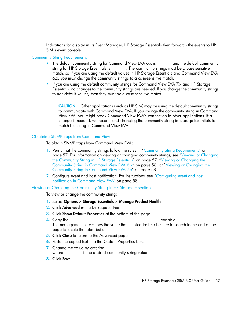 Community string requirements, Obtaining snmp traps from command view | HP Storage Essentials Enterprise Edition Software User Manual | Page 95 / 798