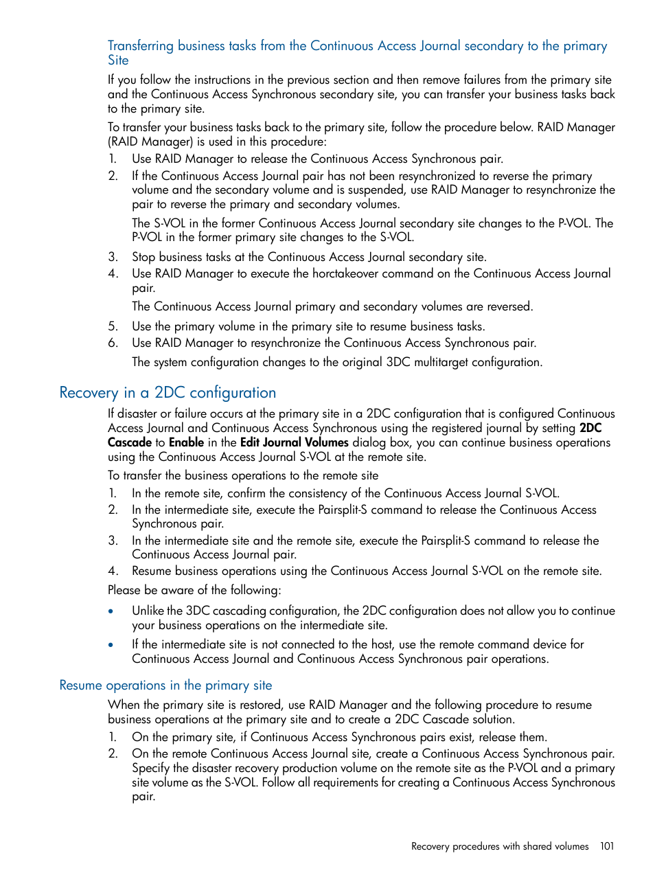 Recovery in a 2dc configuration, Resume operations in the primary site | HP XP P9500 Storage User Manual | Page 101 / 187