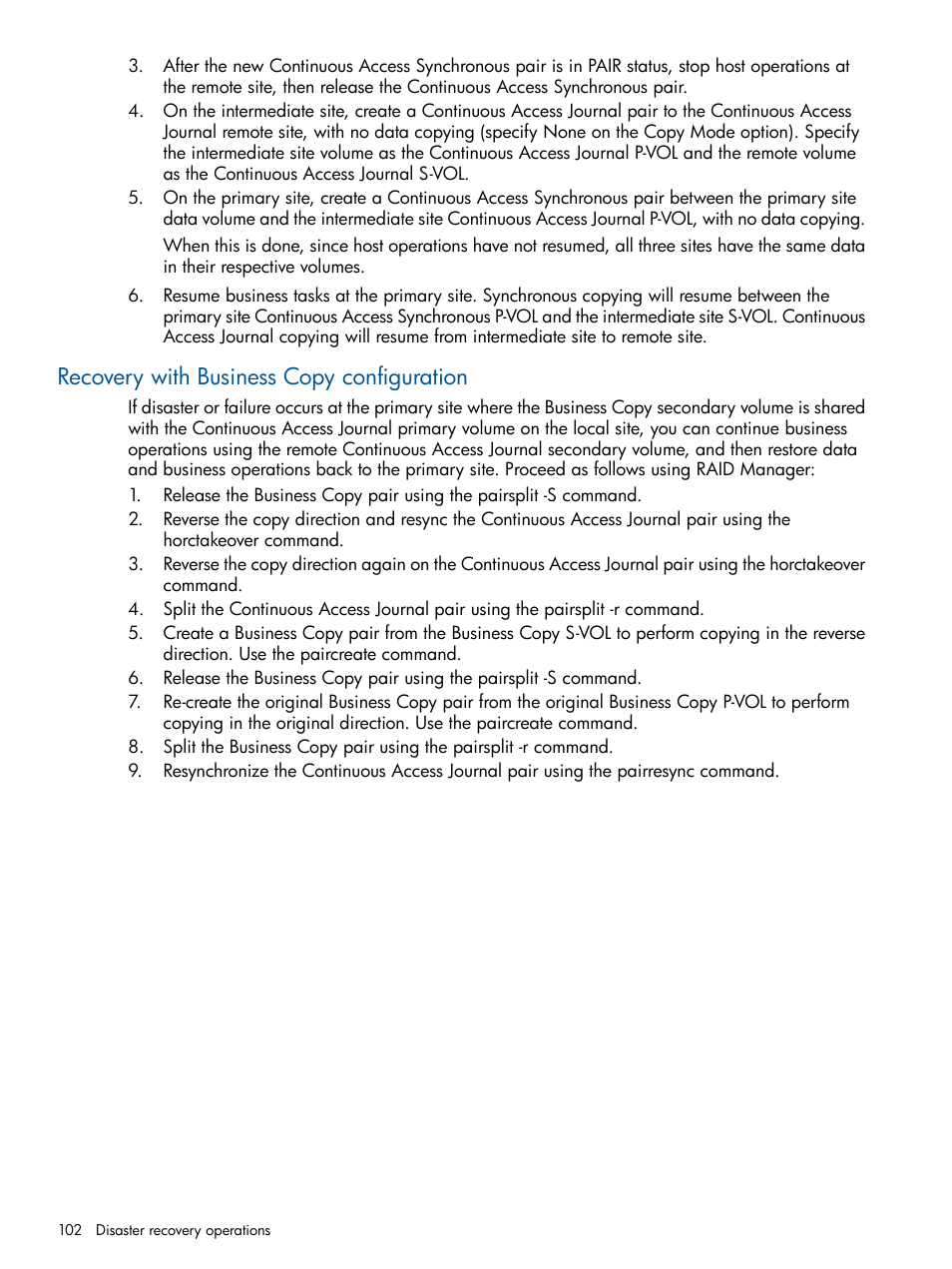 Recovery with business copy configuration | HP XP P9500 Storage User Manual | Page 102 / 187