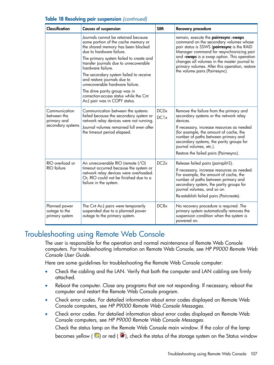 Troubleshooting using remote web console | HP XP P9500 Storage User Manual | Page 107 / 187