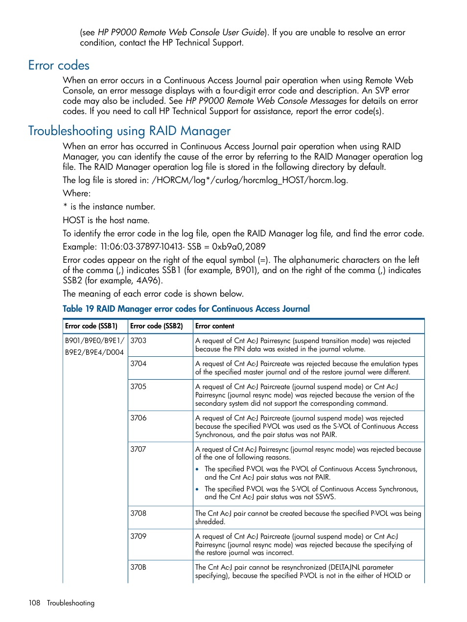 Error codes, Troubleshooting using raid manager, Error codes troubleshooting using raid manager | HP XP P9500 Storage User Manual | Page 108 / 187