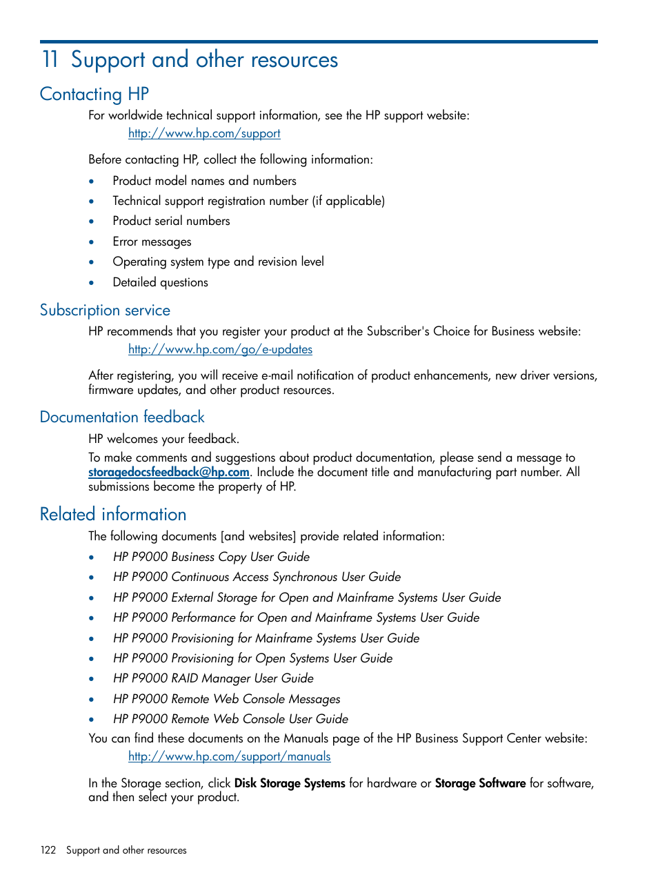 11 support and other resources, Contacting hp, Subscription service | Documentation feedback, Related information, Subscription service documentation feedback | HP XP P9500 Storage User Manual | Page 122 / 187