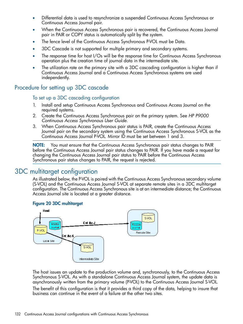 Procedure for setting up 3dc cascade, 3dc multitarget configuration | HP XP P9500 Storage User Manual | Page 132 / 187