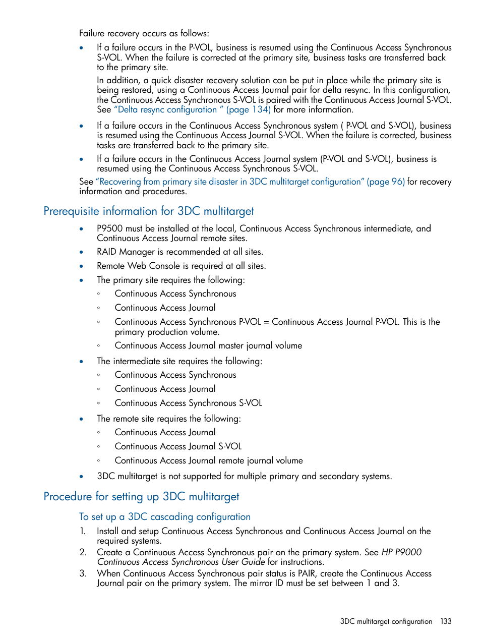 Prerequisite information for 3dc multitarget, Procedure for setting up 3dc multitarget | HP XP P9500 Storage User Manual | Page 133 / 187