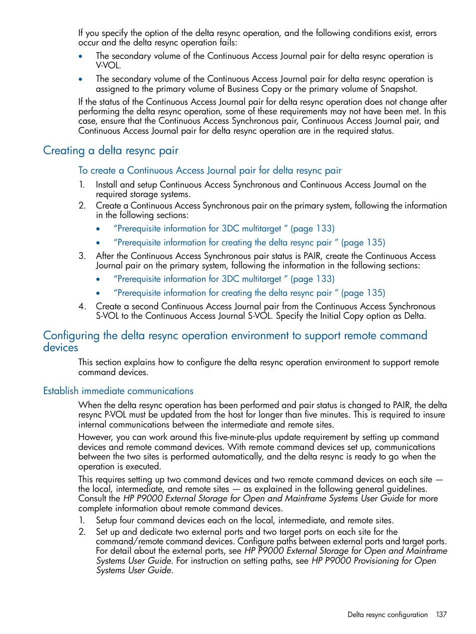 Creating a delta resync pair, Establish immediate communications | HP XP P9500 Storage User Manual | Page 137 / 187