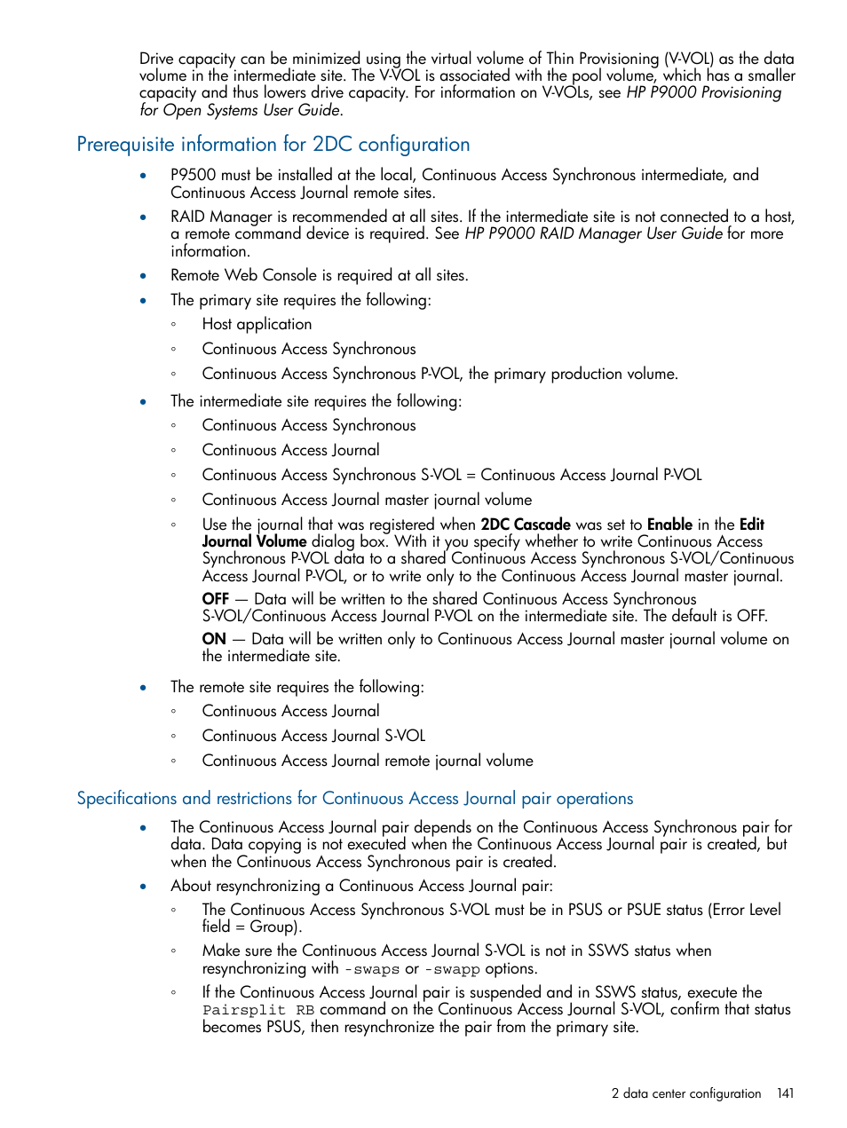 Prerequisite information for 2dc configuration | HP XP P9500 Storage User Manual | Page 141 / 187