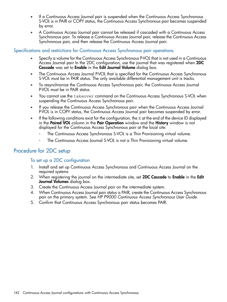 Procedure for 2dc setup | HP XP P9500 Storage User Manual | Page 142 / 187