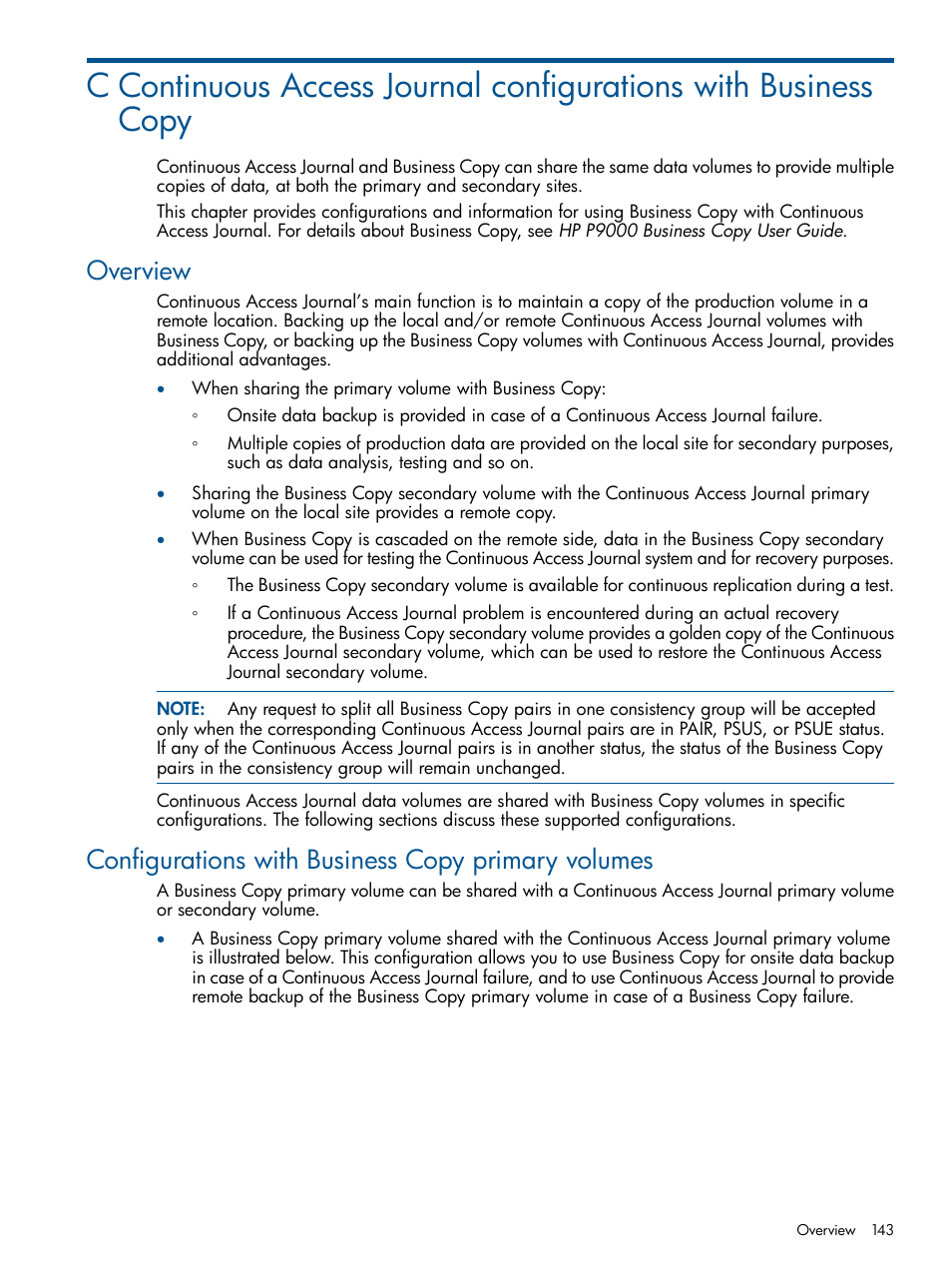 Overview, Configurations with business copy primary volumes | HP XP P9500 Storage User Manual | Page 143 / 187