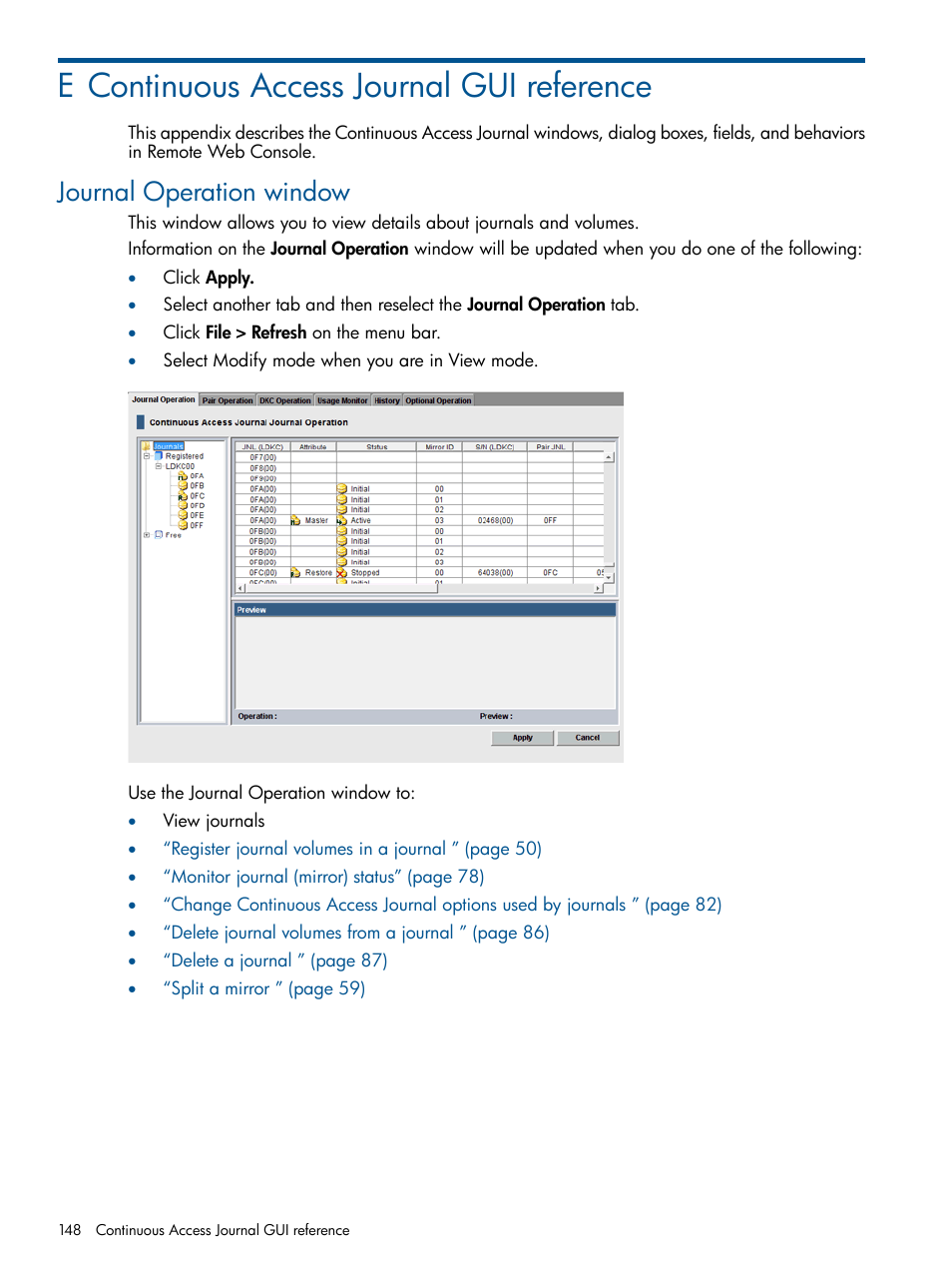 E continuous access journal gui reference, Journal operation window | HP XP P9500 Storage User Manual | Page 148 / 187