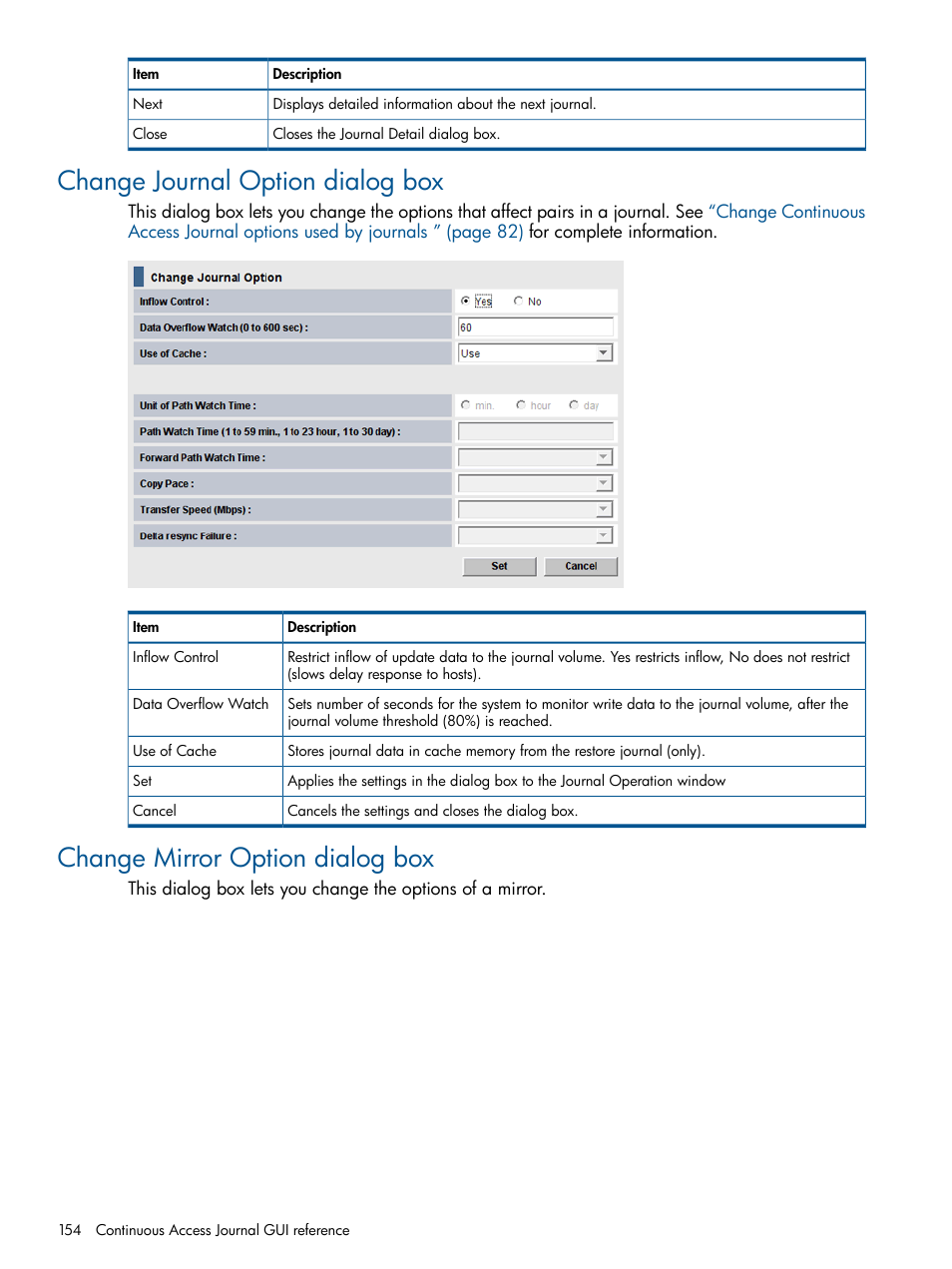 Change journal option dialog box, Change mirror option dialog box | HP XP P9500 Storage User Manual | Page 154 / 187