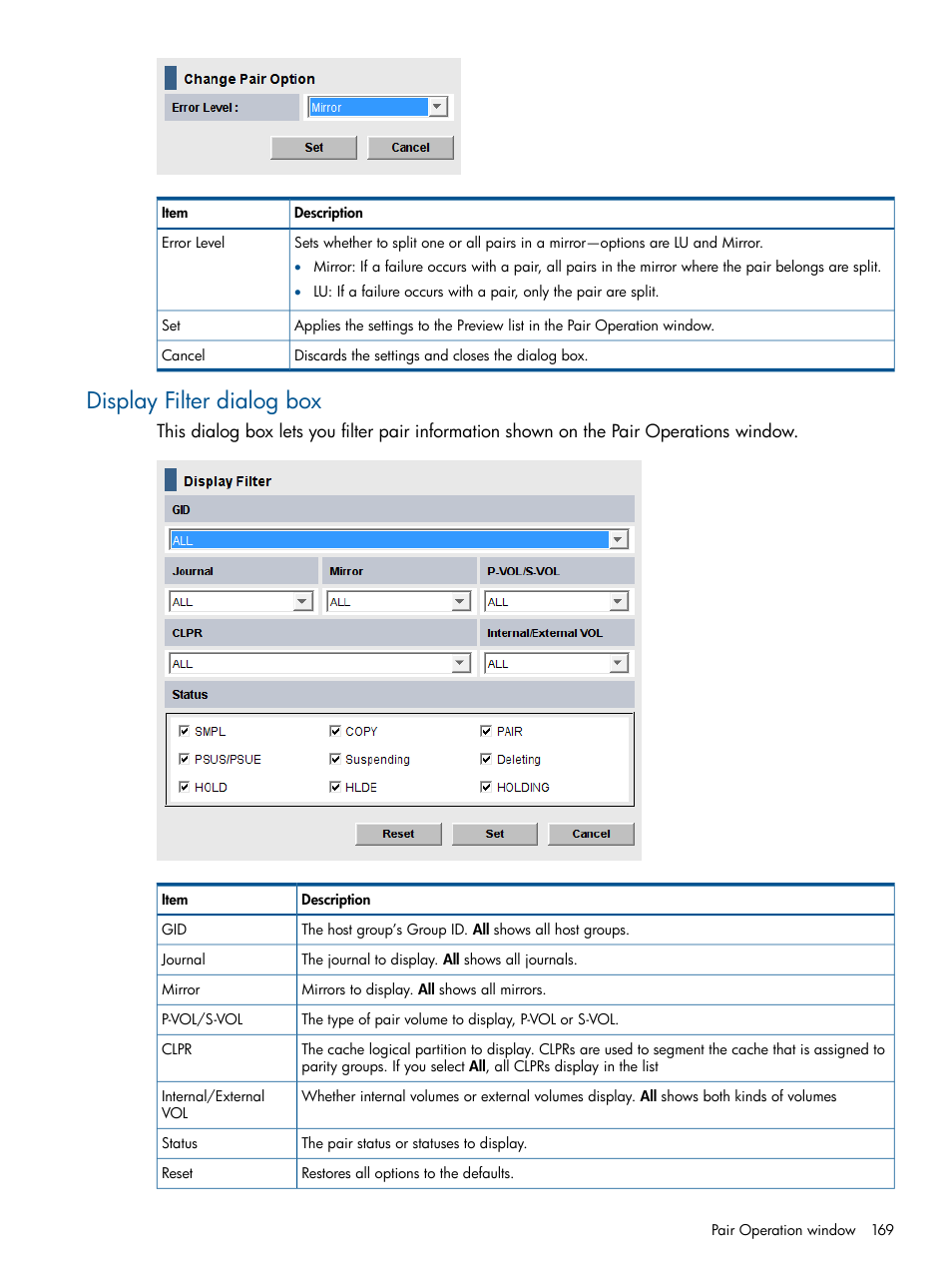 Display filter dialog box | HP XP P9500 Storage User Manual | Page 169 / 187