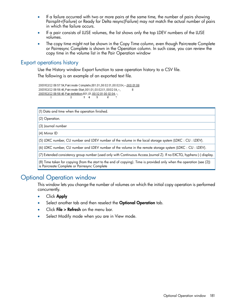 Export operations history, Optional operation window | HP XP P9500 Storage User Manual | Page 181 / 187