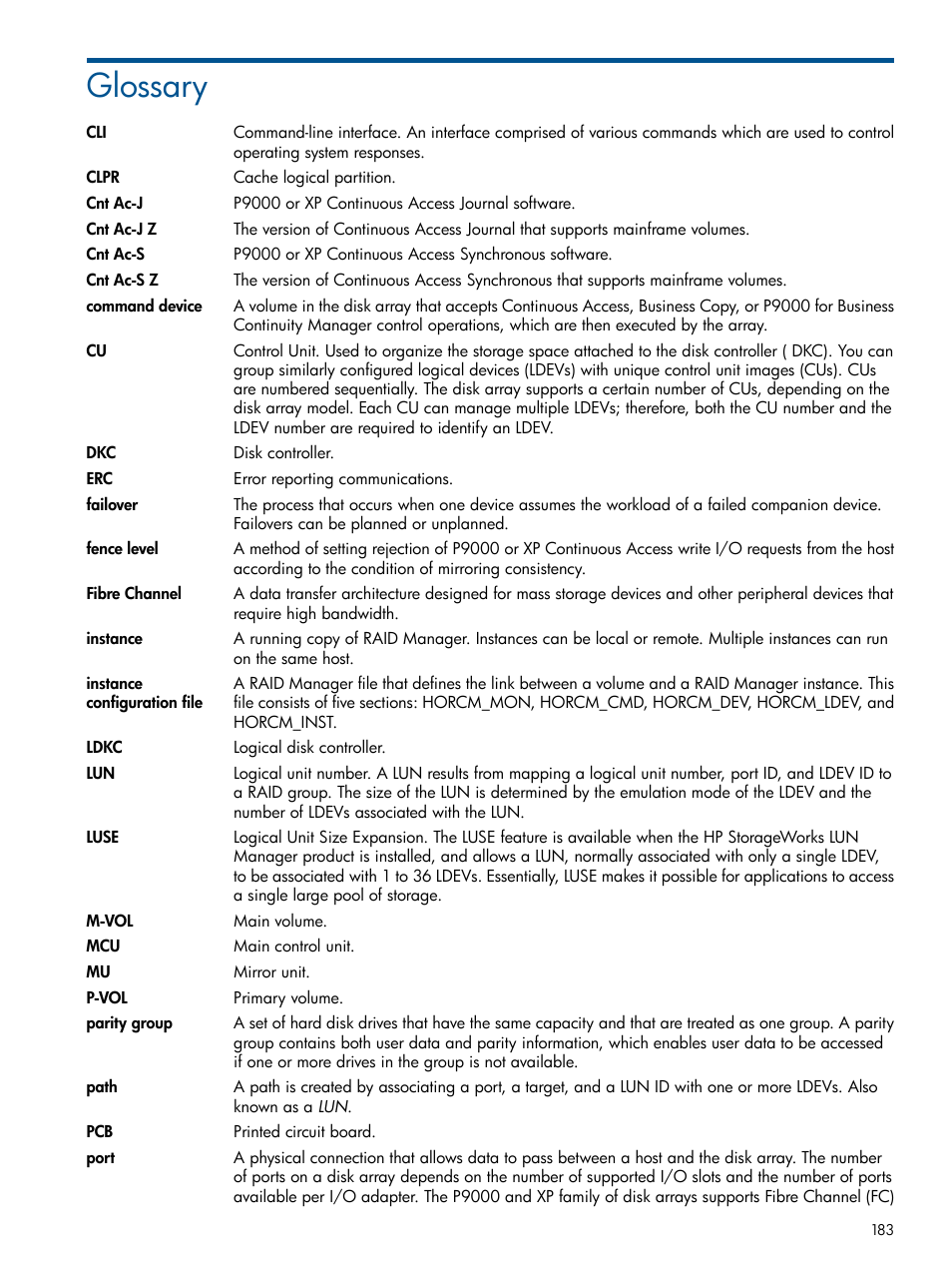 Glossary | HP XP P9500 Storage User Manual | Page 183 / 187