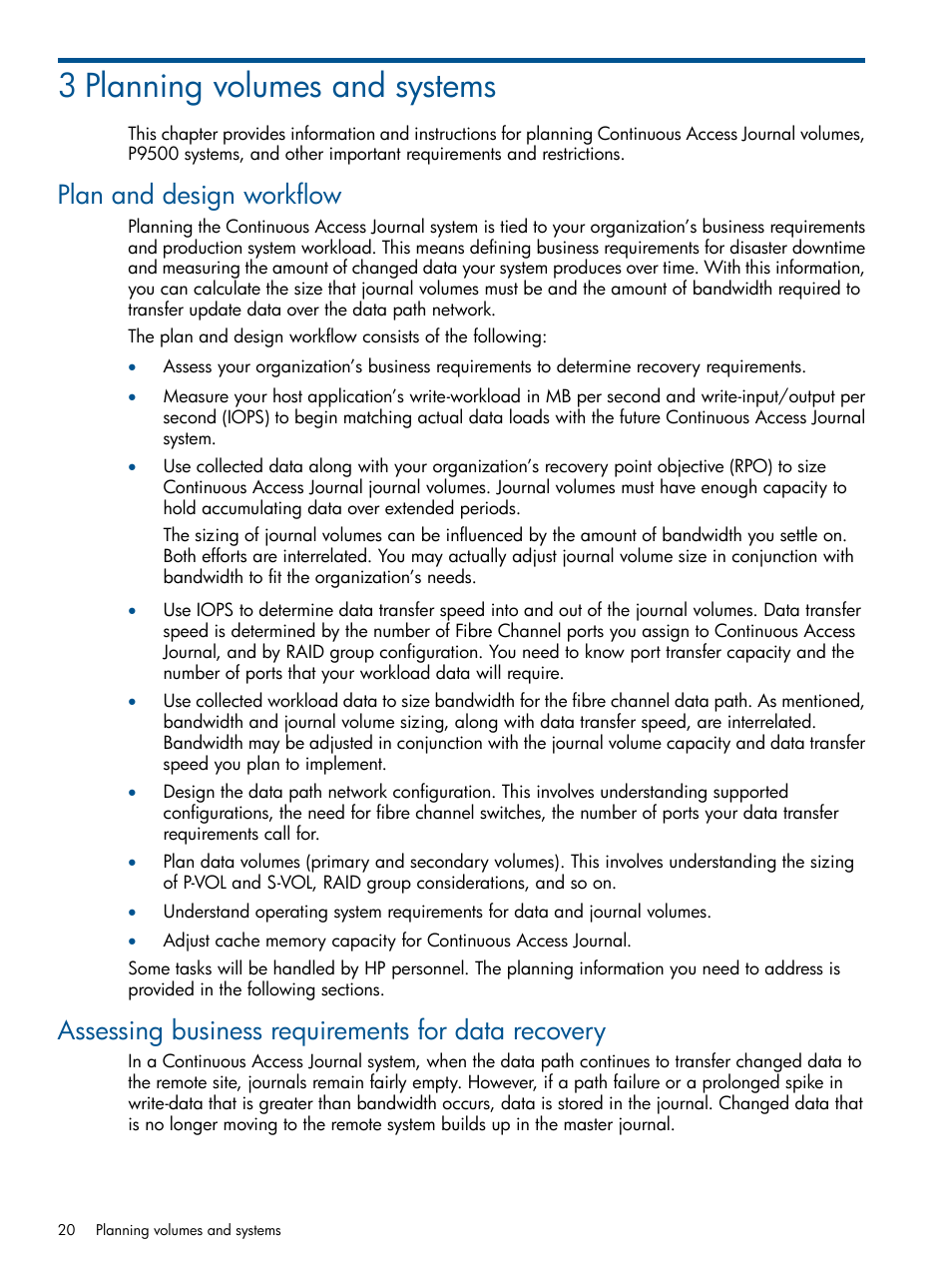 3 planning volumes and systems, Plan and design workflow, Assessing business requirements for data recovery | HP XP P9500 Storage User Manual | Page 20 / 187