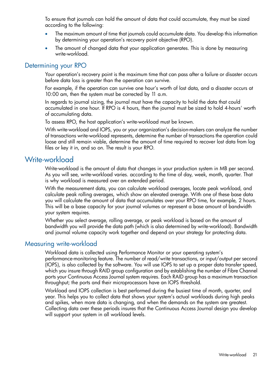 Determining your rpo, Write-workload, Measuring write-workload | HP XP P9500 Storage User Manual | Page 21 / 187