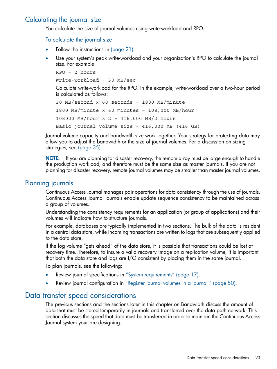 Calculating the journal size, Planning journals, Data transfer speed considerations | Calculating the journal size planning journals | HP XP P9500 Storage User Manual | Page 23 / 187