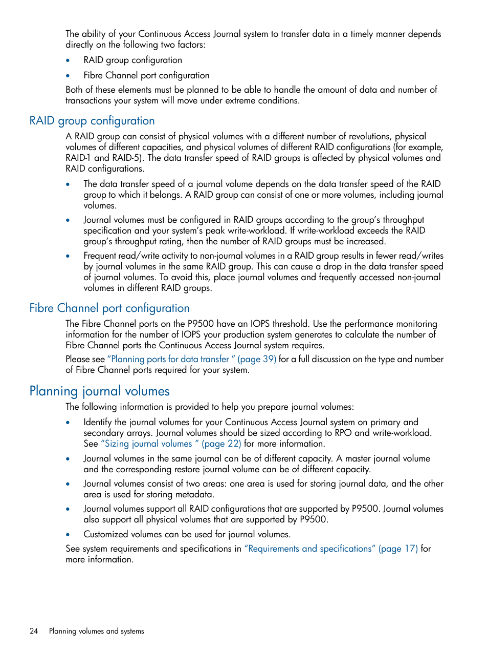 Raid group configuration, Fibre channel port configuration, Planning journal volumes | HP XP P9500 Storage User Manual | Page 24 / 187