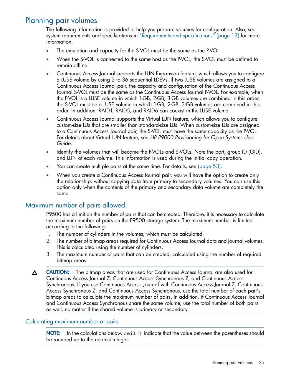 Planning pair volumes, Maximum number of pairs allowed, Calculating maximum number of pairs | HP XP P9500 Storage User Manual | Page 25 / 187