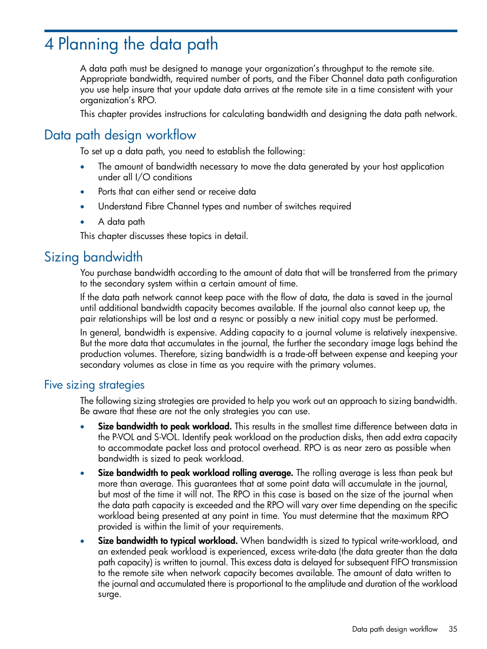 4 planning the data path, Data path design workflow, Sizing bandwidth | Five sizing strategies | HP XP P9500 Storage User Manual | Page 35 / 187