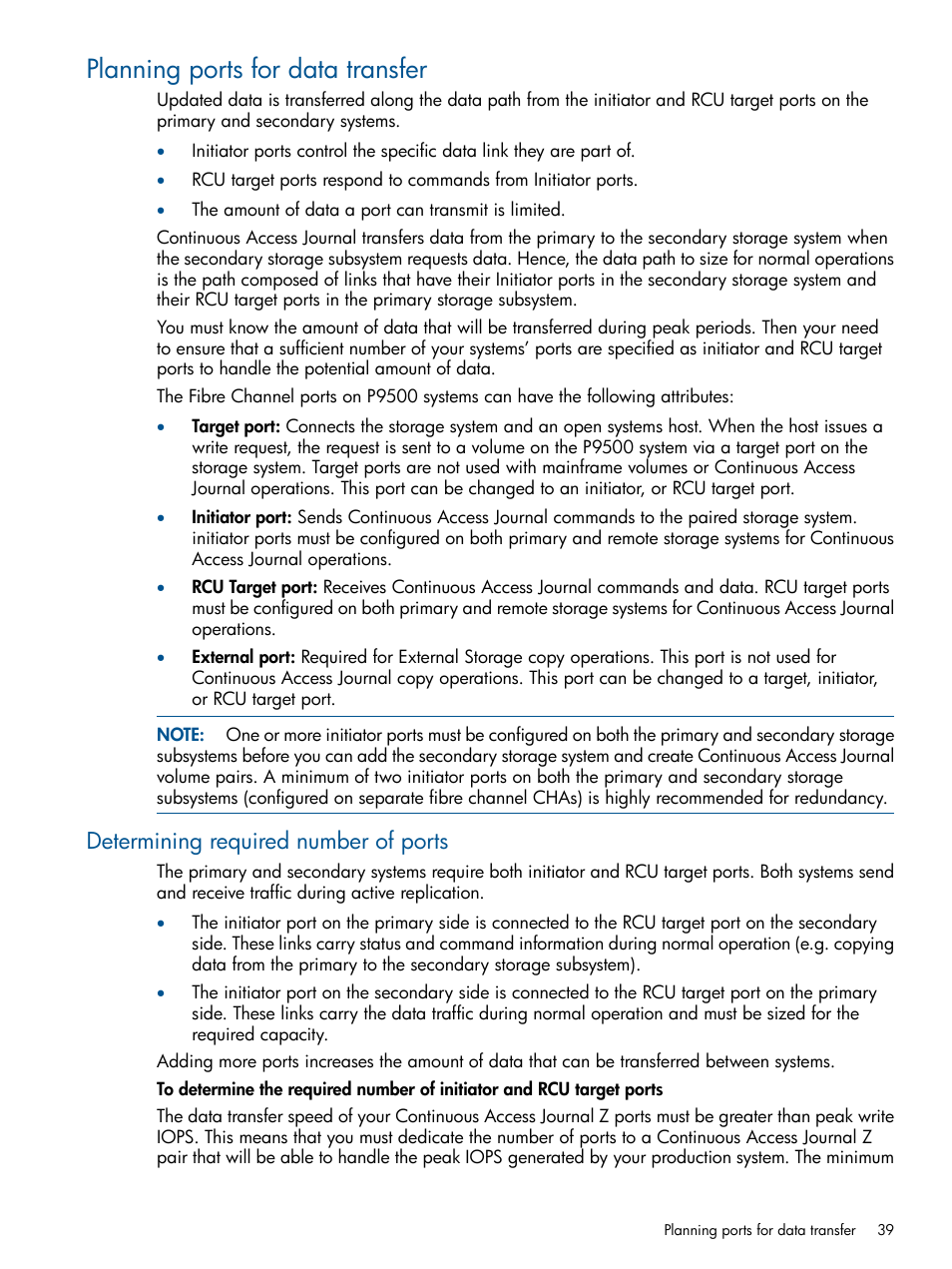 Planning ports for data transfer, Determining required number of ports | HP XP P9500 Storage User Manual | Page 39 / 187