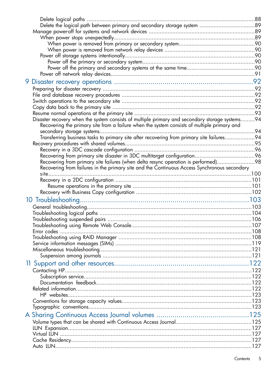 9 disaster recovery operations, 10 troubleshooting, 11 support and other resources | A sharing continuous access journal volumes | HP XP P9500 Storage User Manual | Page 5 / 187