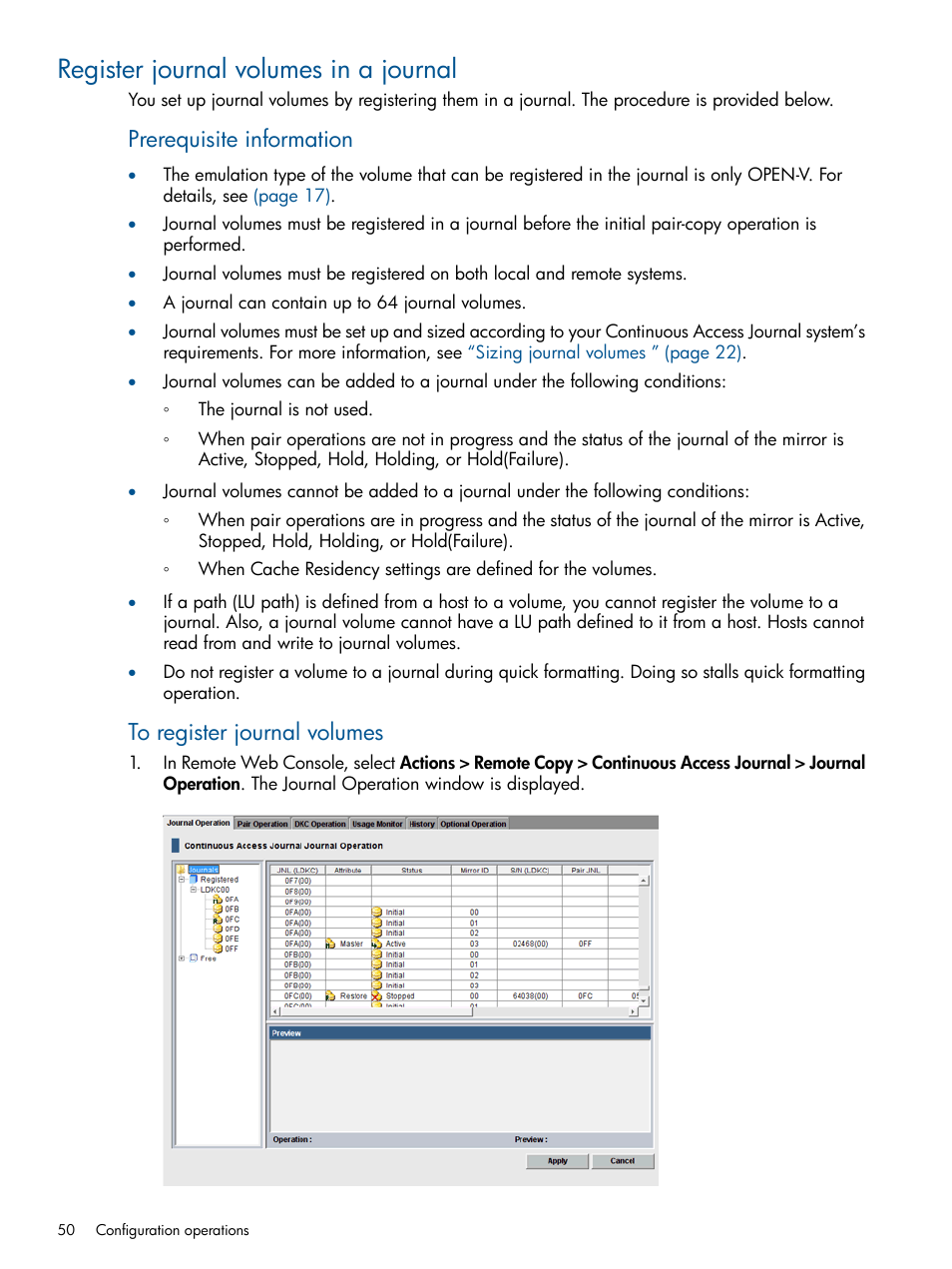 Register journal volumes in a journal, Prerequisite information | HP XP P9500 Storage User Manual | Page 50 / 187