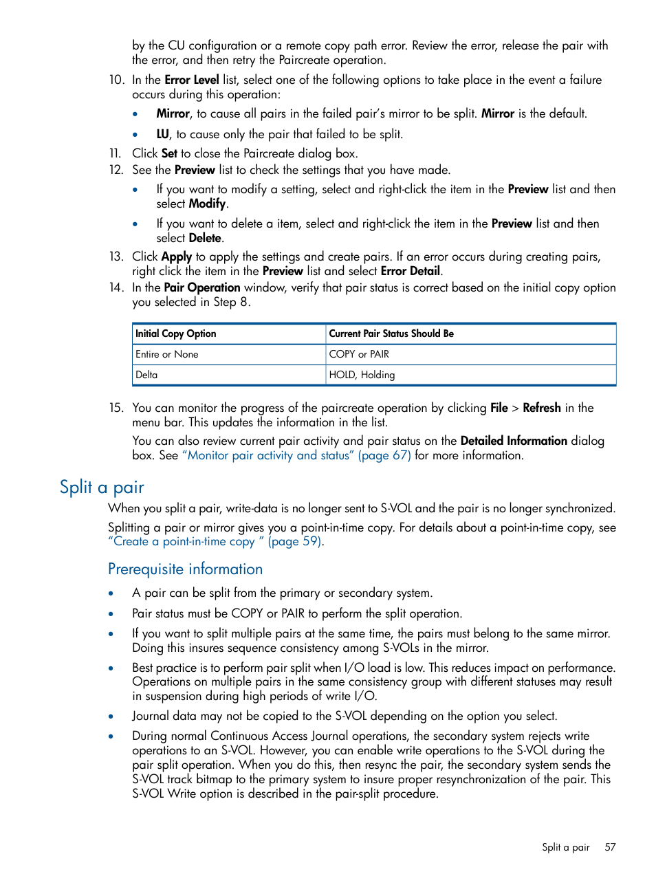 Split a pair, Prerequisite information | HP XP P9500 Storage User Manual | Page 57 / 187