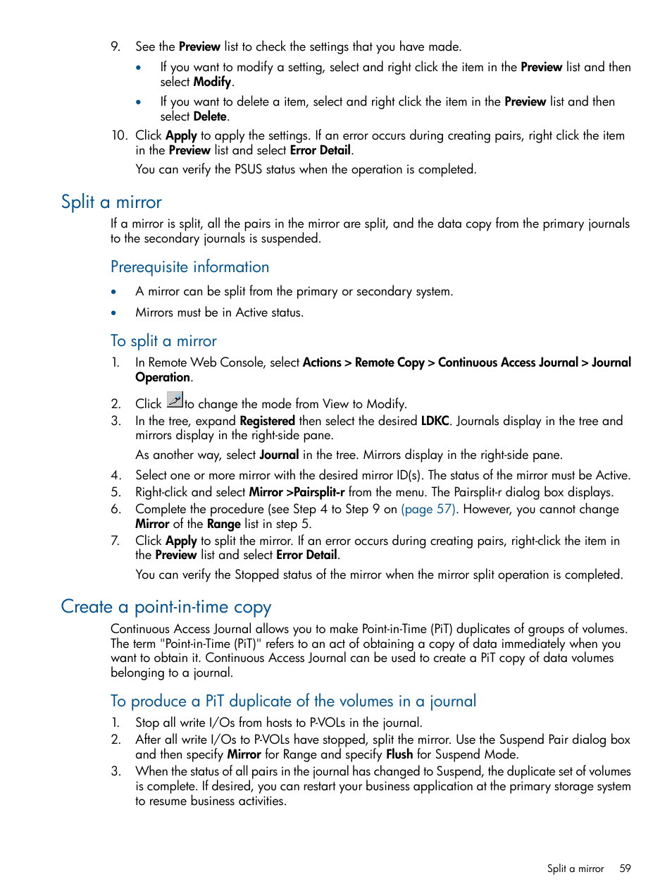 Split a mirror, Create a point-in-time copy, Split a mirror create a point-in-time copy | Prerequisite information | HP XP P9500 Storage User Manual | Page 59 / 187